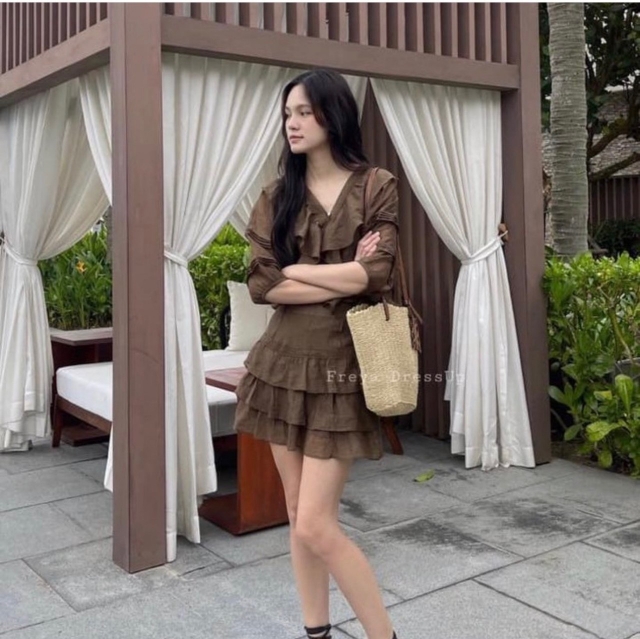 Set váy đẹp.Áo kiểu tay xoè phối chân váy nâu maxi xoè dáng dài. | Shopee  Việt Nam